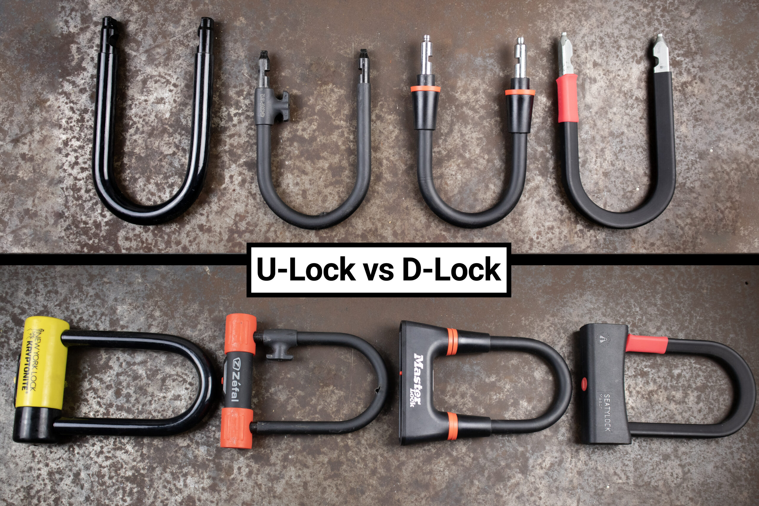 four bike locks explaining the reason for the name of d locks and u locks